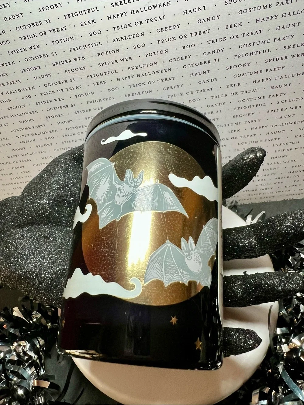 Halloween Glass Bats & Moonlight 1 Wick Candle Black and Gold Midnight Mahogany